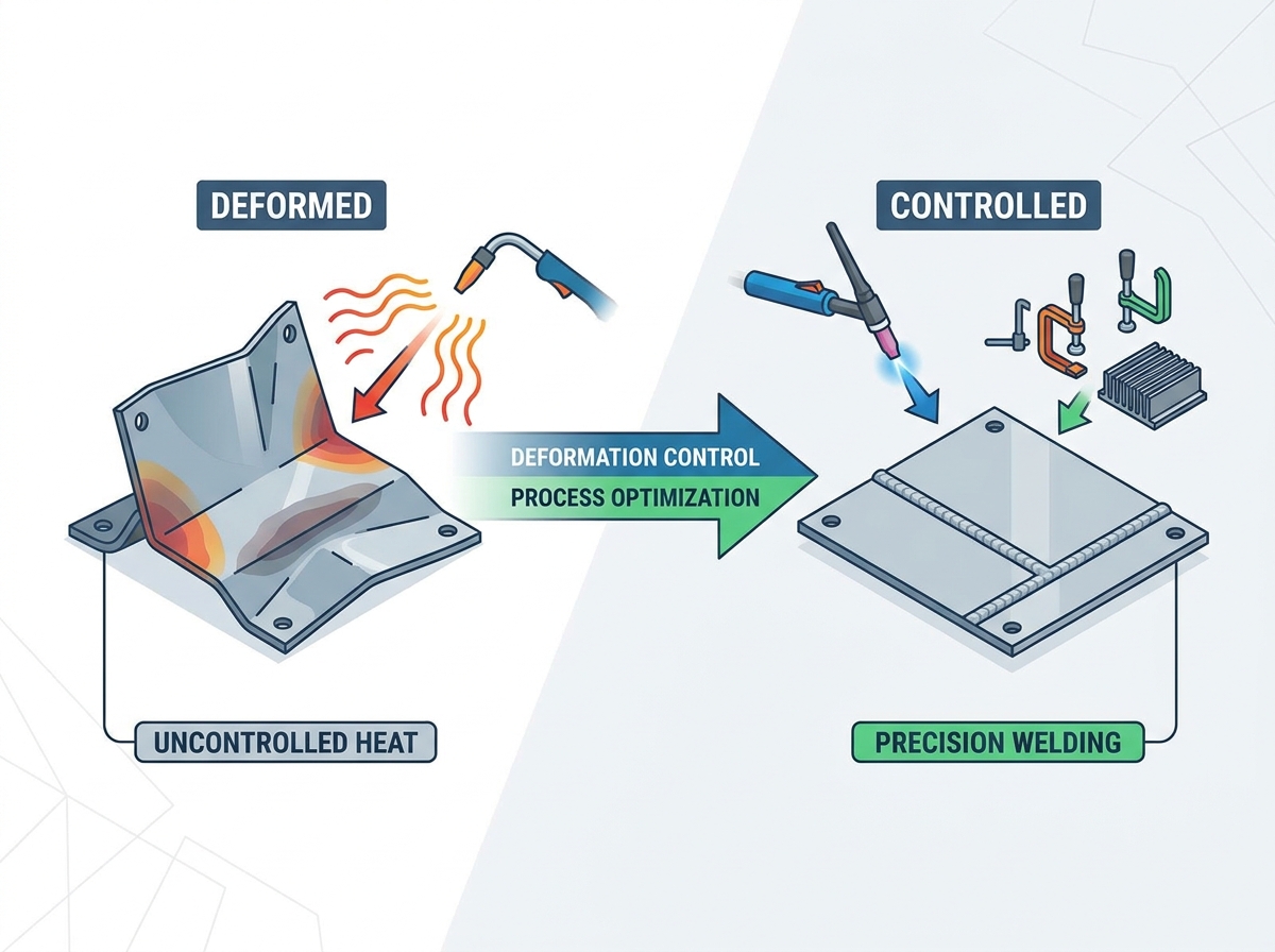 Precision welding setup showing deformation control on a sheet metal assembly