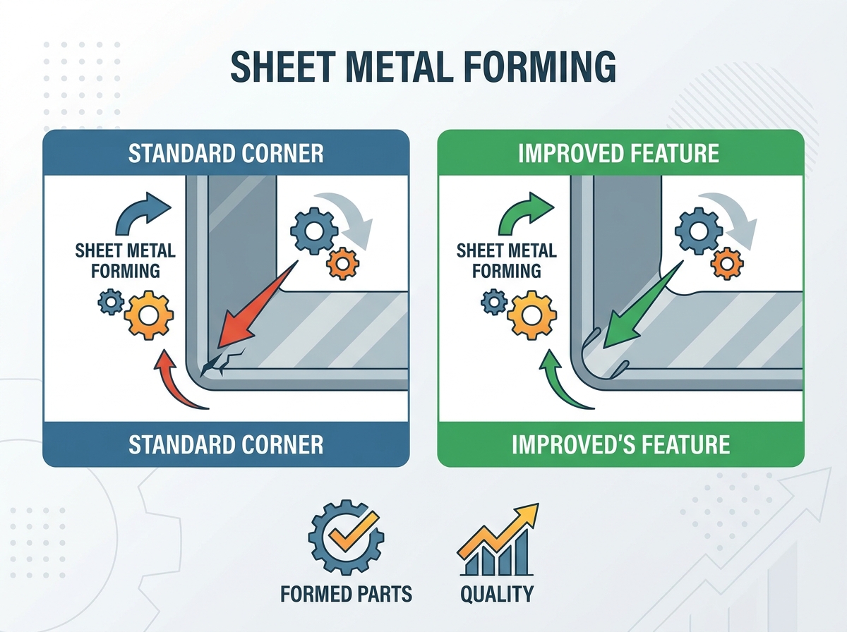 Sheet metal forming corner features